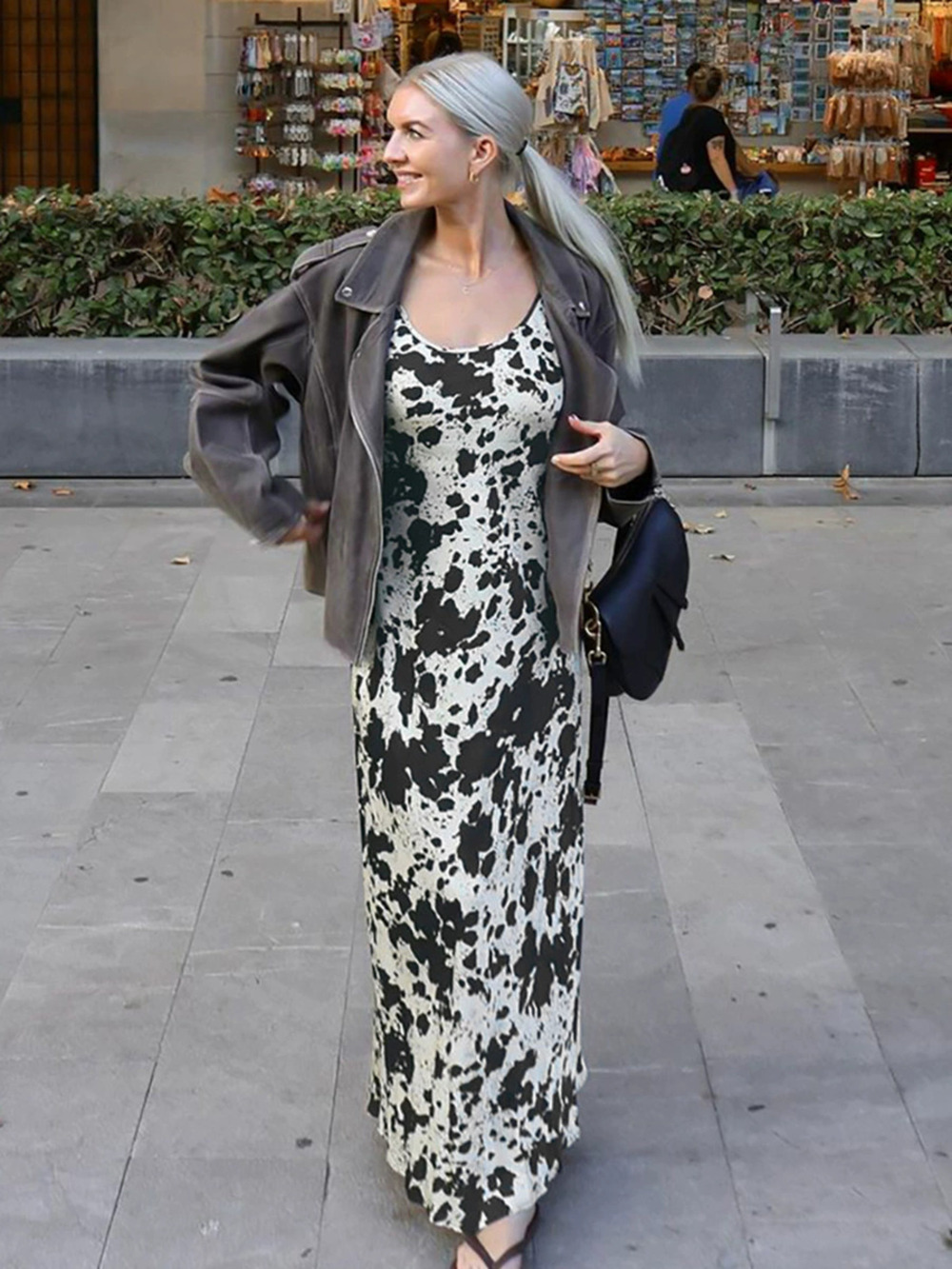 Forever 21 Spring Summer Cow Print Spaghetti Strap Maxi Dress Fitted Waist